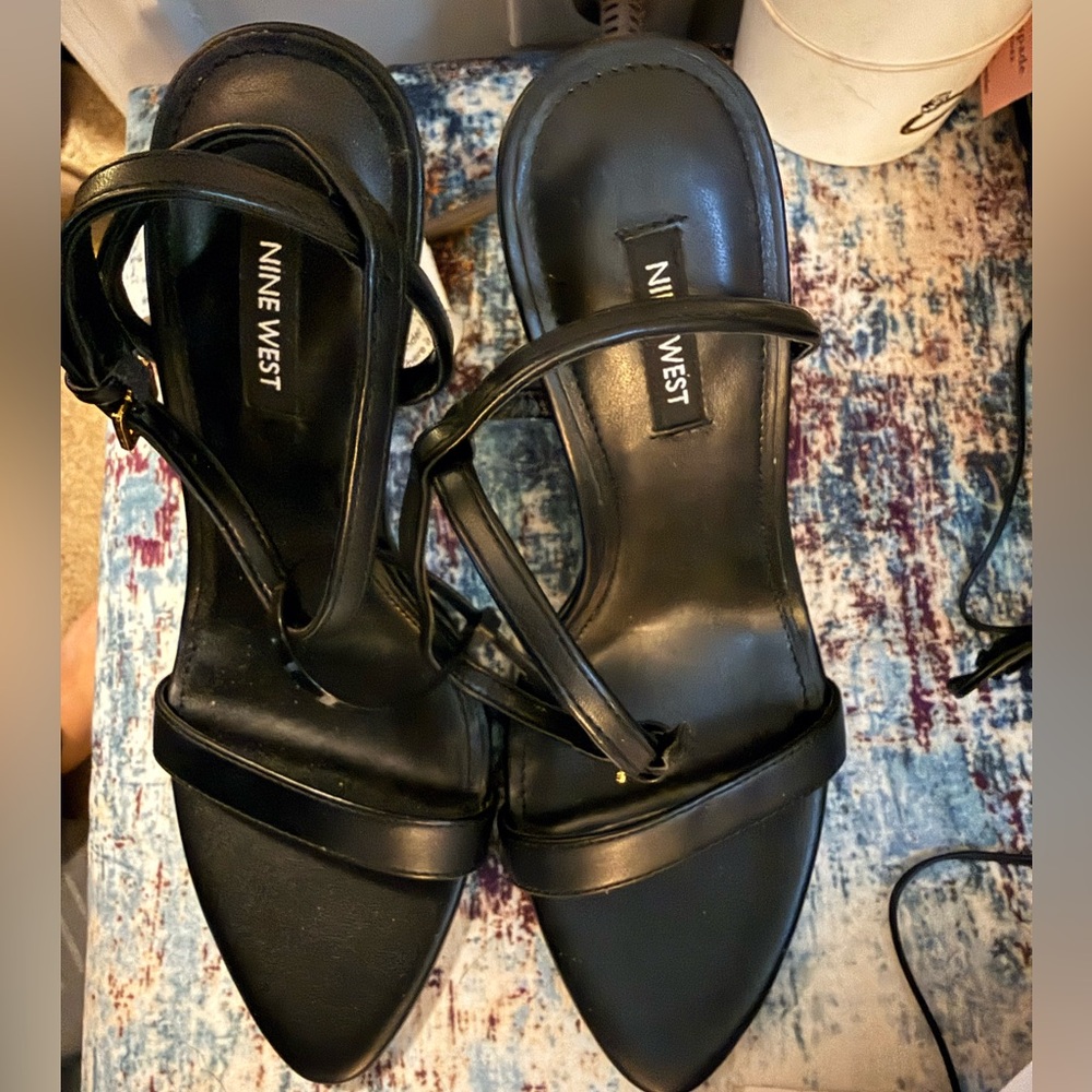 Nine West Reina Black and Gold Women's Stiletto Sandals - Picture 9 of 11